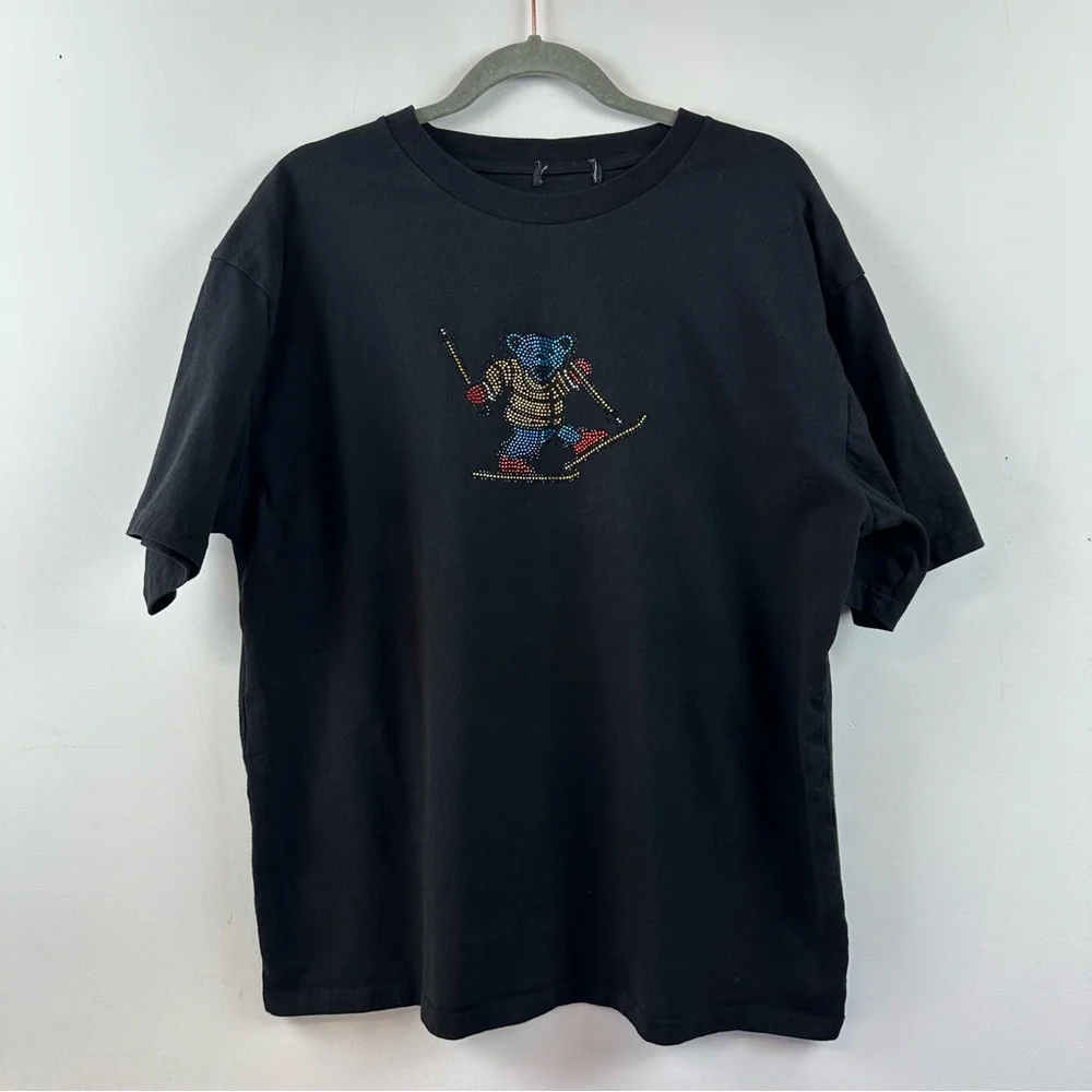 Grateful Dead Dancing Bear Skiing Crystal Graphic Black Short Sleeve Tee Tshirt